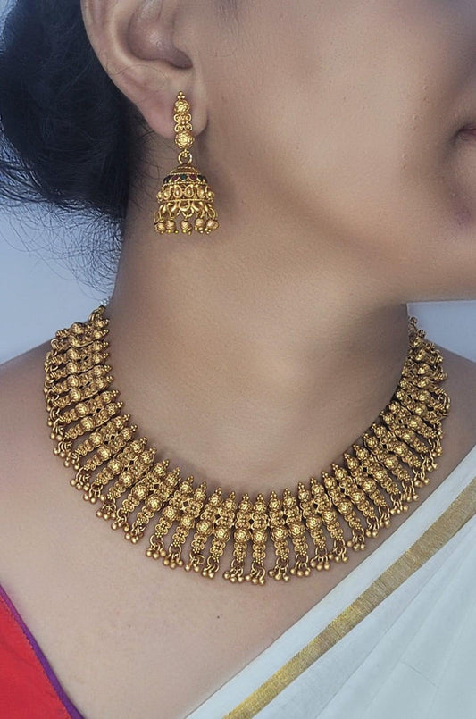 Antique Gold Temple Necklace with Jhumka Earrings