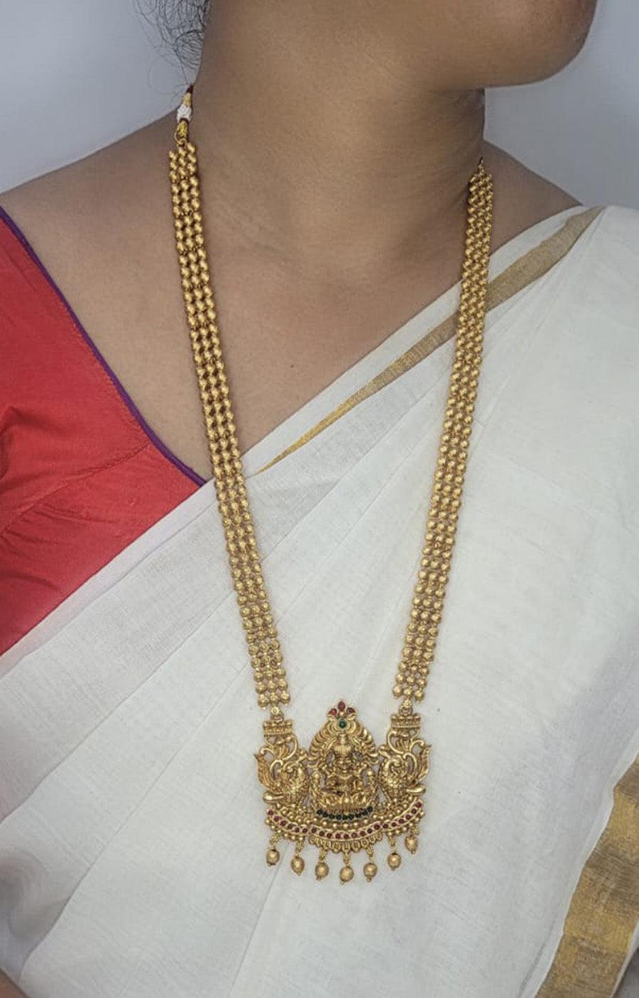 Antique Temple Gold Necklace with Goddess Lakshmi Pendant