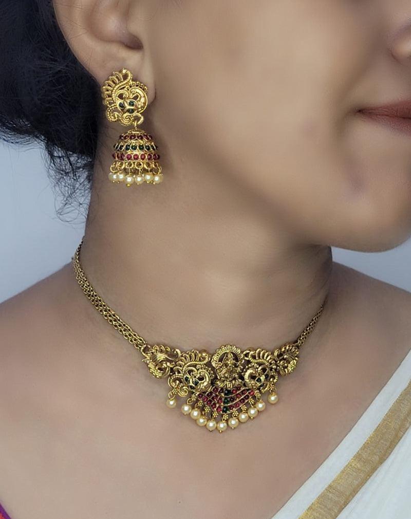 Divine Harmony: Gold Jewelry Set with Gemstone Accents with Lakshmi and peacock