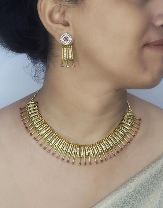 Elegant Gold Necklace with Pink and Green Stone Accents with earring