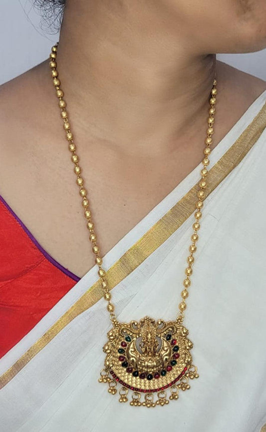 Gold Beaded Necklace with Crescent Moon Deity Pendant