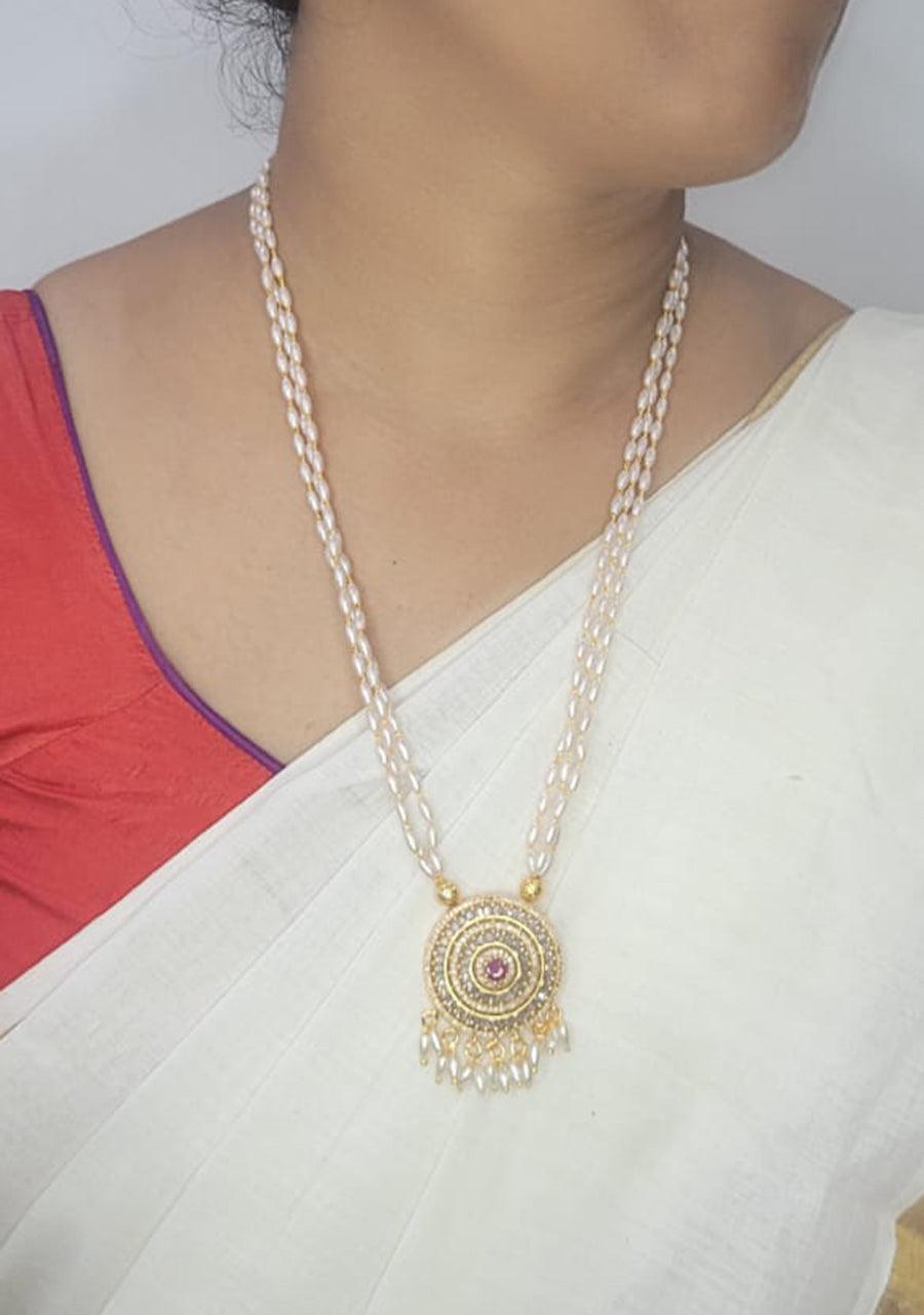 Traditional Gold Pearl Necklace with Pink Stone Pendant