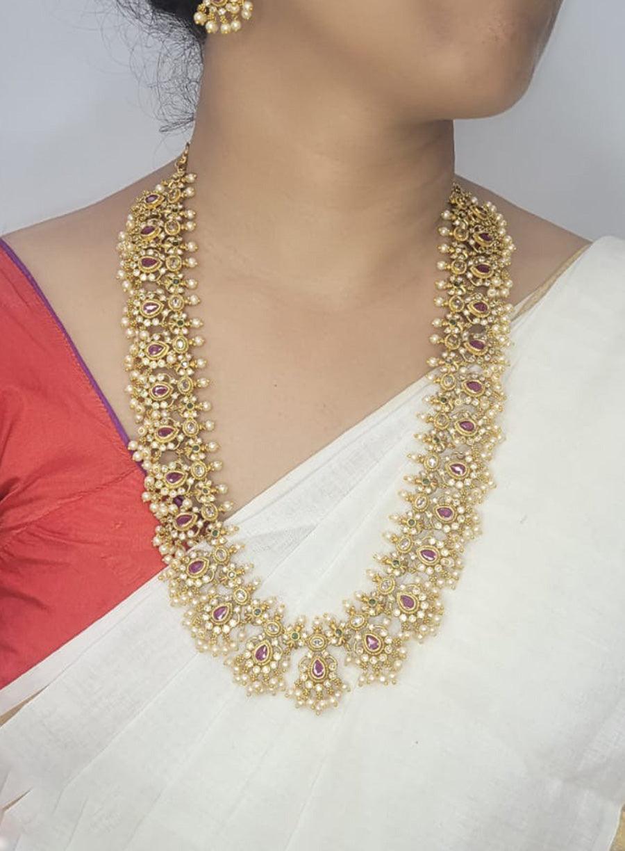 South Indian Temple Necklace with Ruby Accents and Earrings