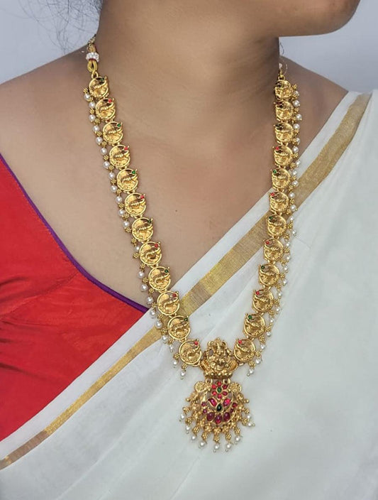 Traditional South Indian Lakshmi Coin Necklace with Ruby Pendant